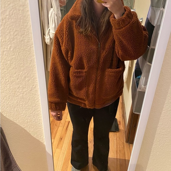 Princess Polly || Oversized Rust Teddy Sherpa Fleece Jacket Size S/M - Picture 12 of 13